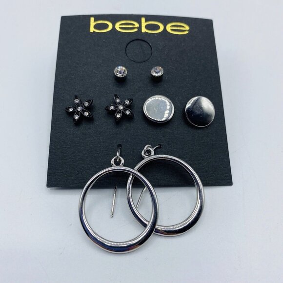 bebe Silvertone Earrings 4 Pair Stud Hoop Dangle - Picture 1 of 3